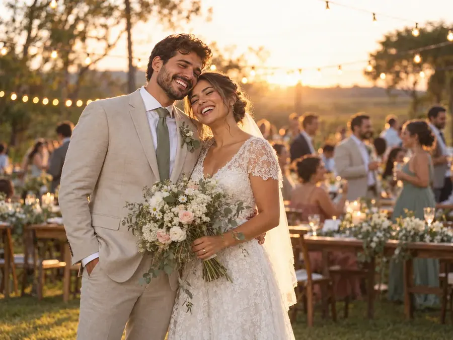 Casal de noivos sorrindo na festa de casamento